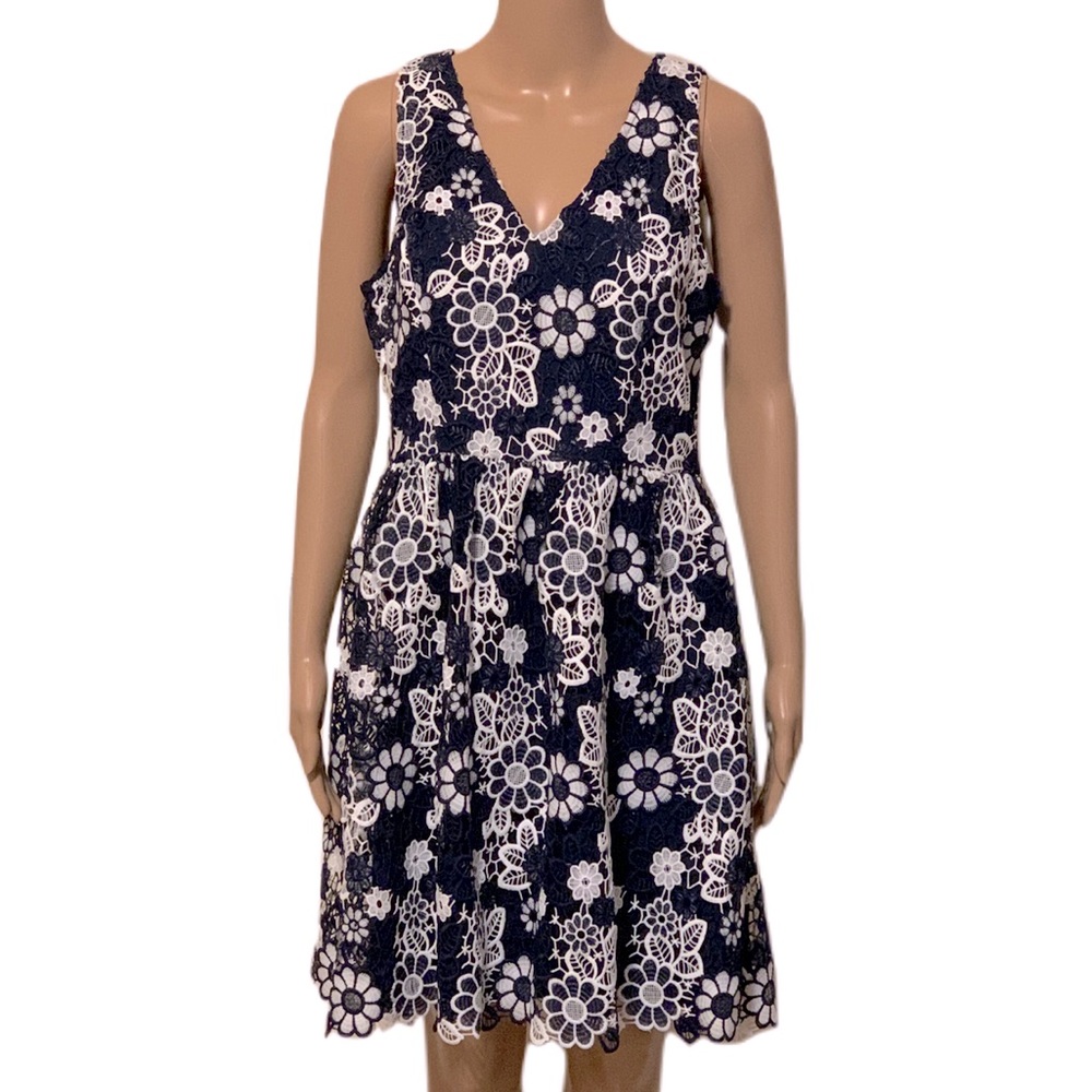 J.O.A. Navy Blue White Floral Knit Dress Womens Size Large